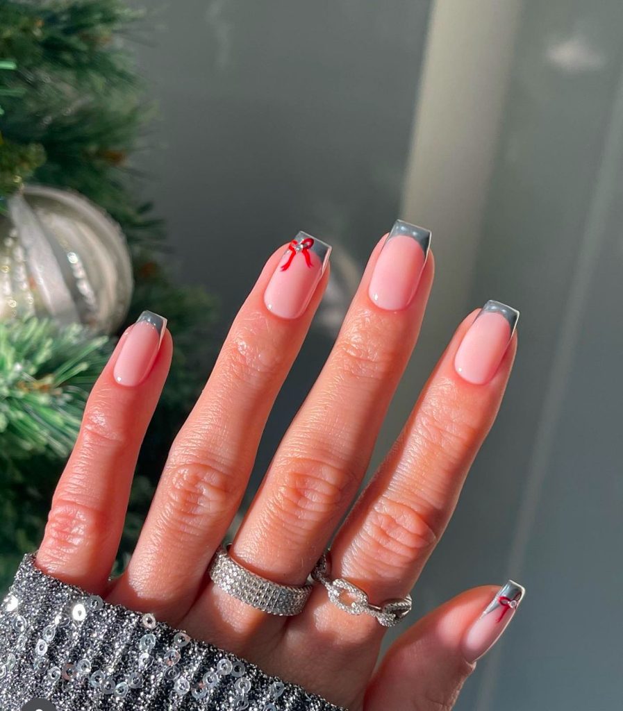 Square French Nails with Red Bow Accent