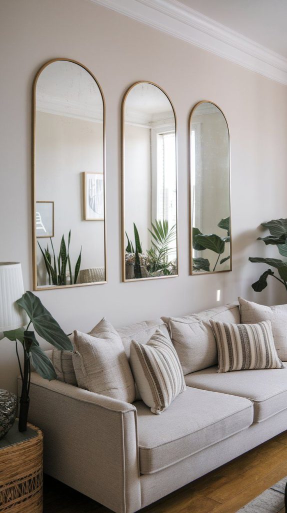3 = decorative mirror mounted on the wall behind a sofa.