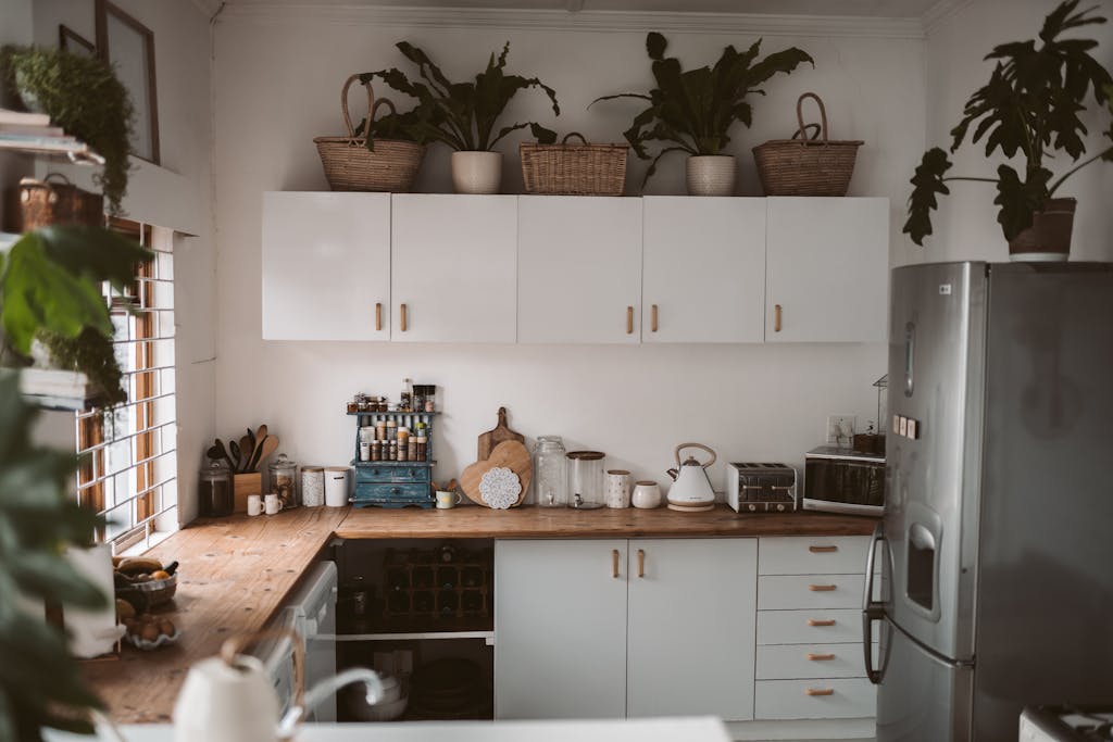 Stylish kitchen interior featuring cabinets, appliances, and indoor plants for a cozy home feel.
